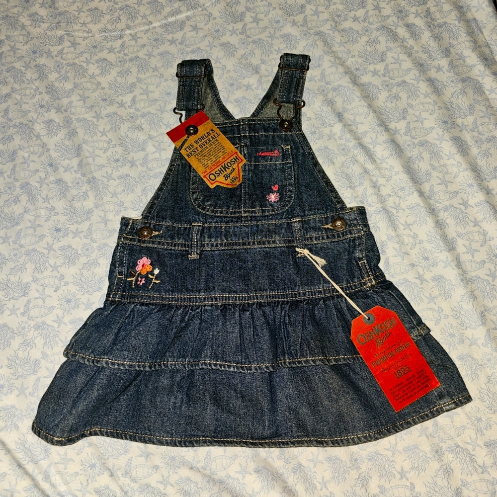 OshKosh Jumper Bib Overall Dress 18 Months Girls Denim Jean Floral Ruffle NWT